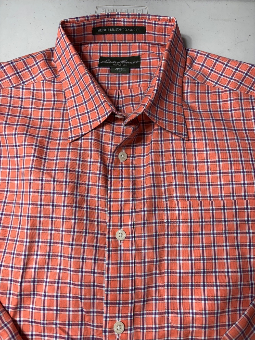 Eddie Bauer Orange Plaid Wrinkle-Resistant Classic Fit Shirt